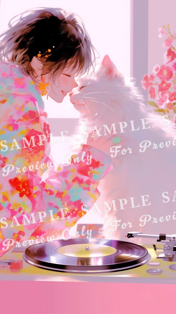 【猫と少女帖】猫とレコード ― 花びらの静寂|スマホサイズ5枚セット