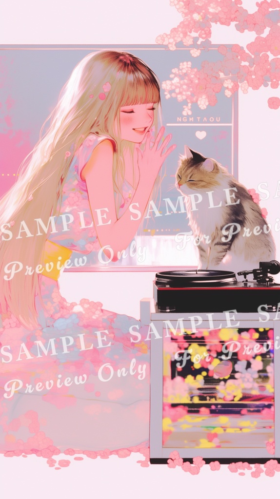 【猫と少女帖】猫とレコード ― 花びらの静寂|スマホサイズ5枚セット