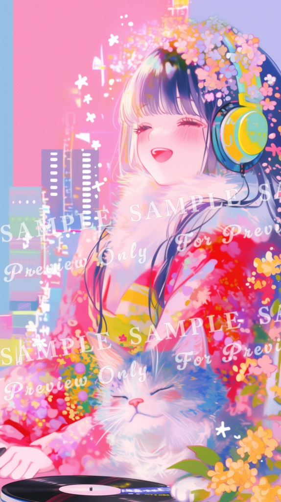 【猫と少女帖】猫とレコード ― 彩りの旋律|スマホサイズ5枚セット