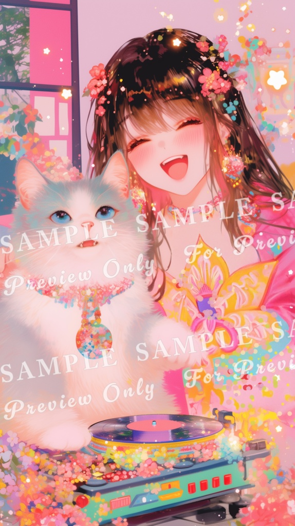 【猫と少女帖】猫とレコード ― 彩りの旋律|スマホサイズ5枚セット