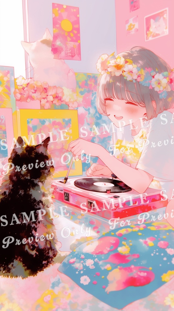 【猫と少女帖】猫とレコード ― 彩りの旋律|スマホサイズ5枚セット