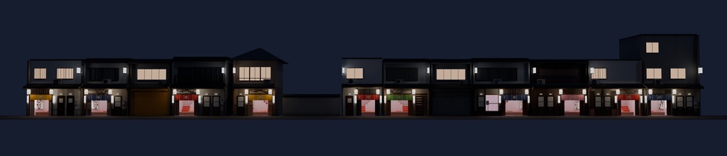 飛田新地風 昭和の家並み 10軒+閉店・塀【3DCG】