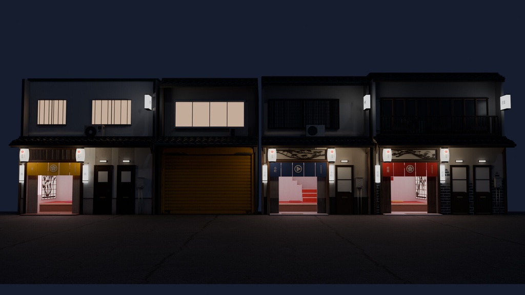 飛田新地風 昭和の家並み 10軒+閉店・塀【3DCG】