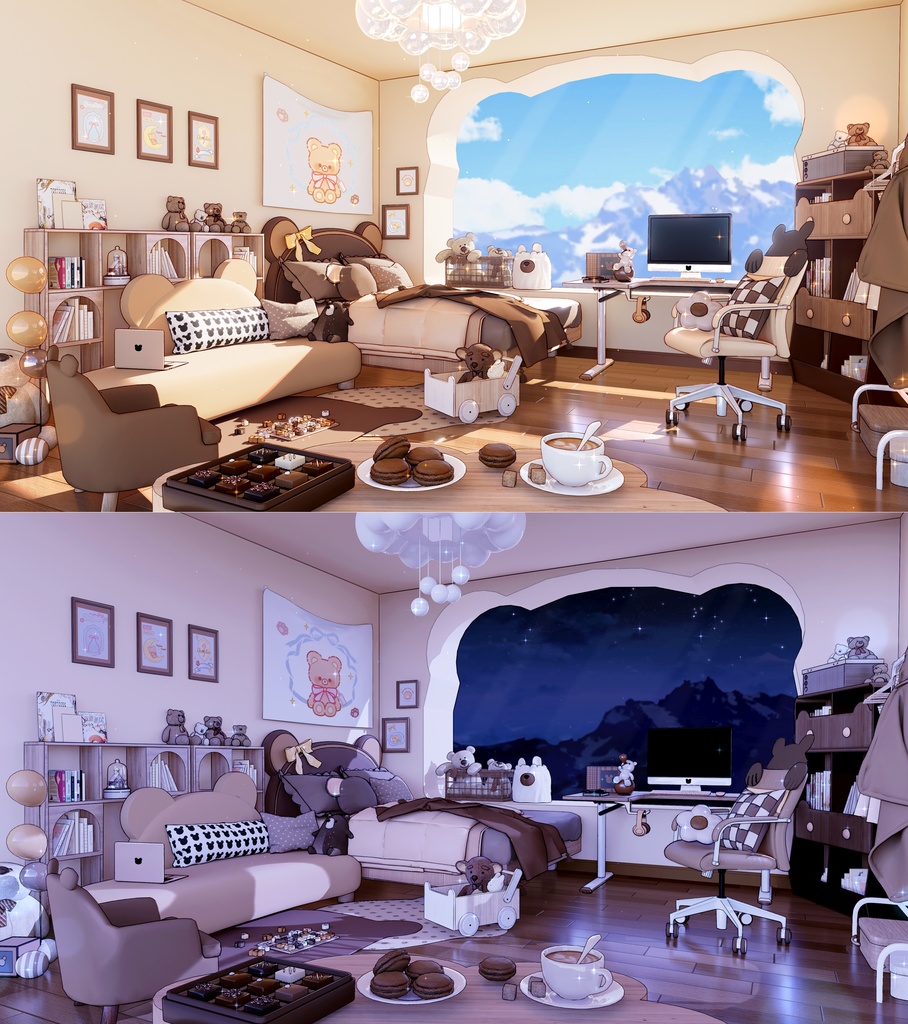 【Vtuber向け】【背景素材】配信背景+UI全4色甜心小熊卧室Sweet Bear bedroom