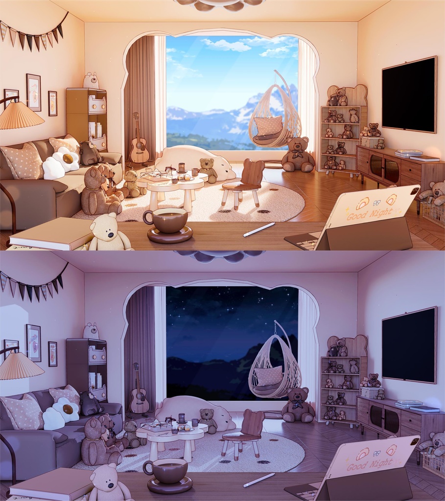 【Vtuber向け】【背景素材】配信背景全4色甜心小熊客厅Sweet Bear Living room