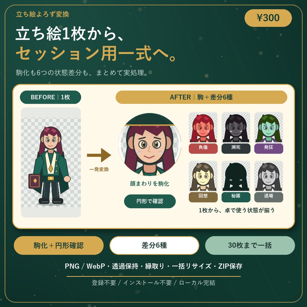 【無料】立ち絵の駒化・差分2種・縁取りを試せる「立ち絵よろず変換」無料版