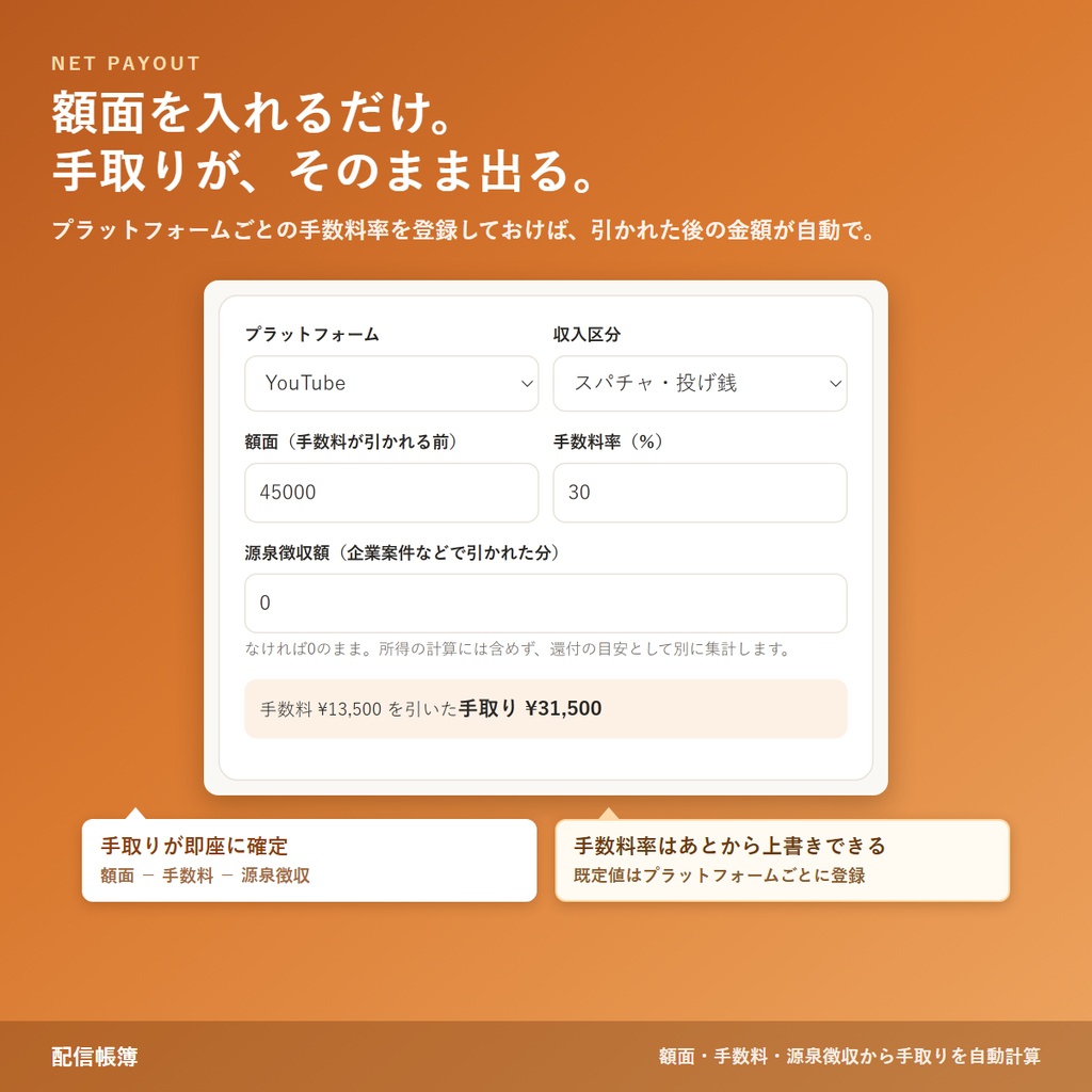 配信帳簿 完全版|配信者・VTuberの収支管理ツール(スパチャ・案件・経費/確定申告の下資料に)