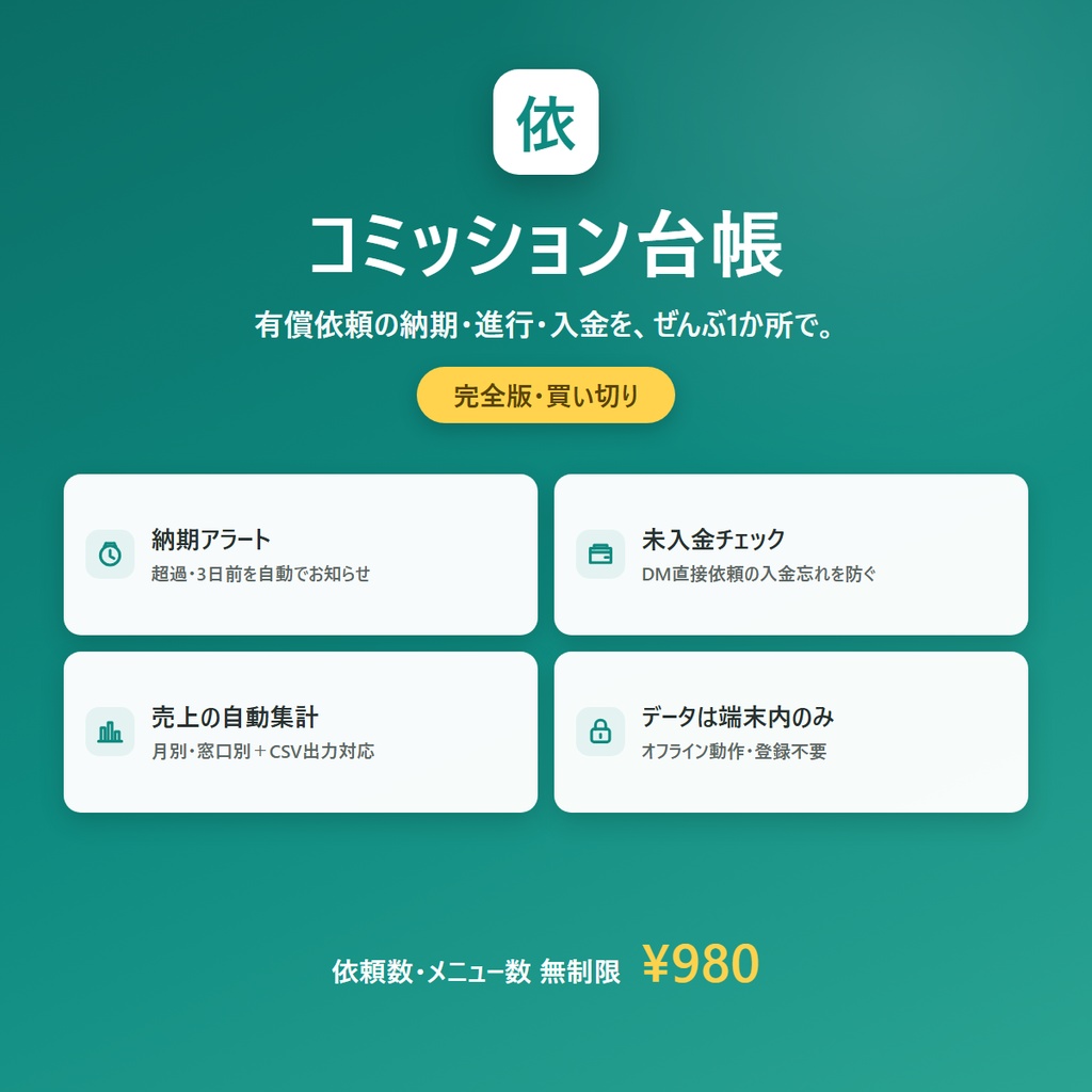 コミッション台帳 |有償依頼の納期・進行・入金管理ツール(依頼の掛け持ちを1か所で)