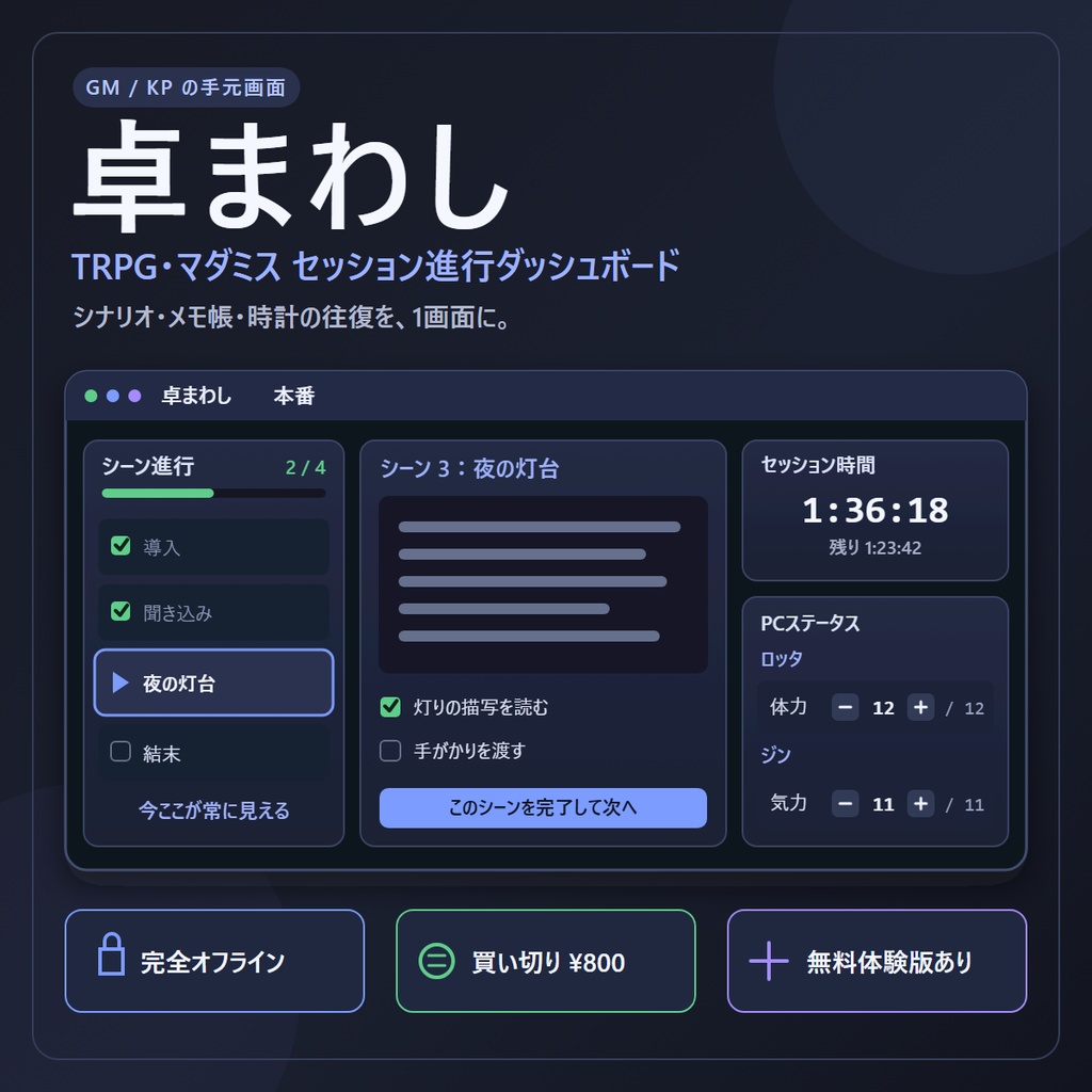 卓まわし — TRPG・マダミス セッション進行ダッシュボード