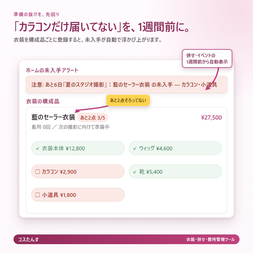 コスたんす|コスプレ衣装・併せ・費用の管理ツール(持ち物リスト自動生成・割り勘つき)