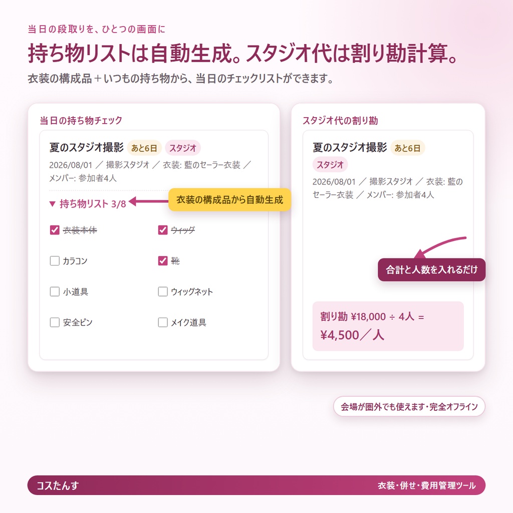 コスたんす|コスプレ衣装・併せ・費用の管理ツール(持ち物リスト自動生成・割り勘つき)