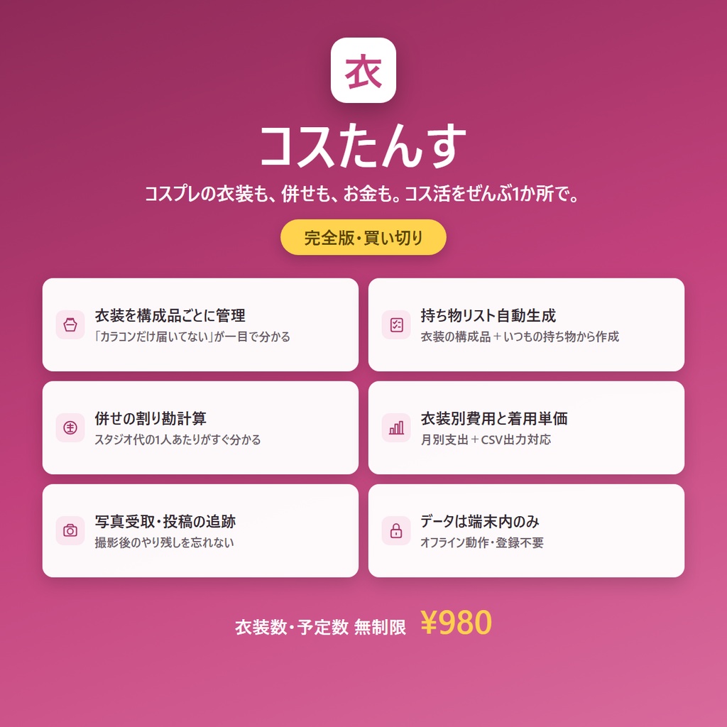 コスたんす|コスプレ衣装・併せ・費用の管理ツール(持ち物リスト自動生成・割り勘つき)