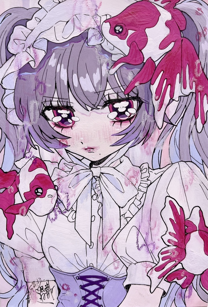 ハガキ原画「お祭り金魚のワルツ」