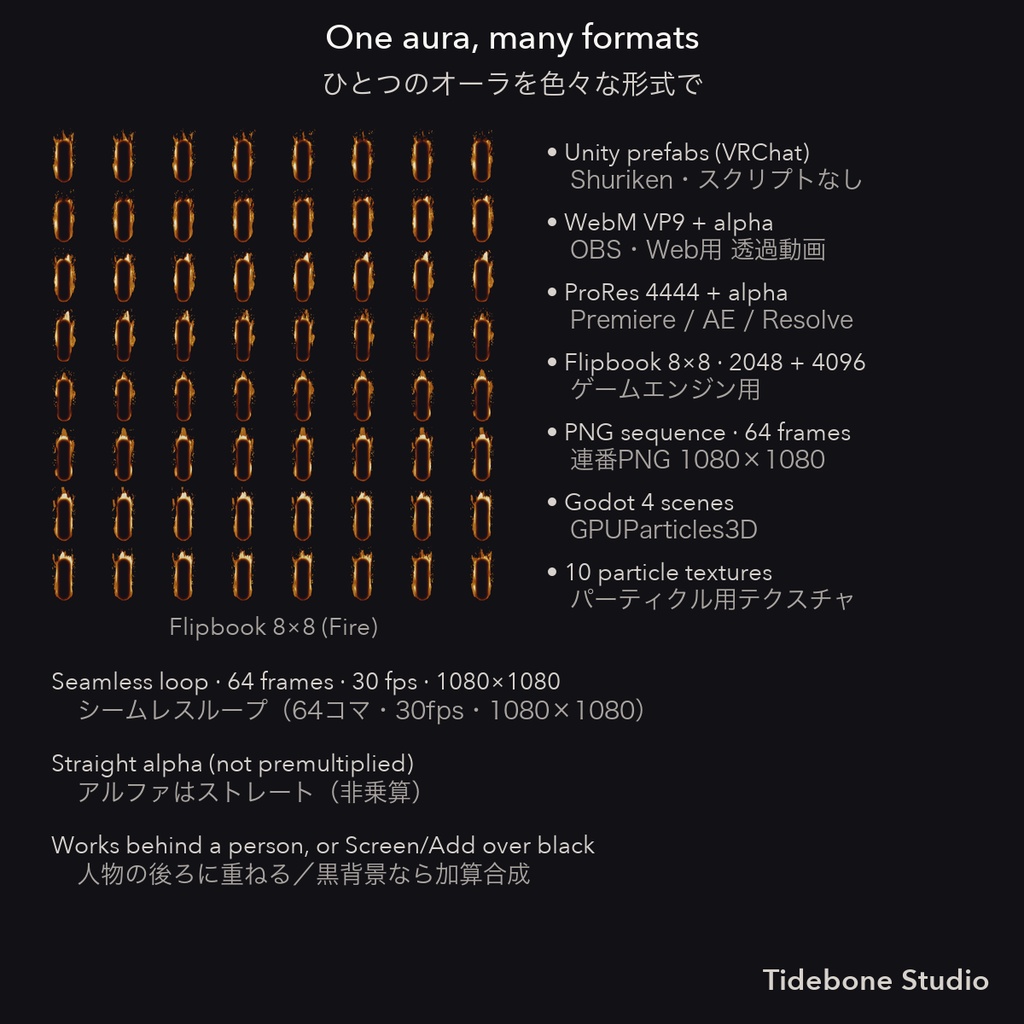 【VRChat想定】オーラエフェクト6種 炎・氷・雷・闇・聖・毒 パーティクル+透過動画|Elemental Aura Pack【Tidebone Studio】