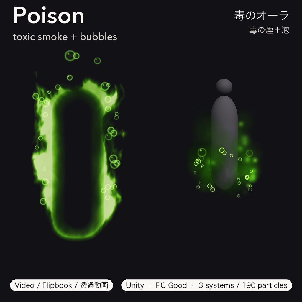 【VRChat想定】オーラエフェクト6種 炎・氷・雷・闇・聖・毒 パーティクル+透過動画|Elemental Aura Pack【Tidebone Studio】