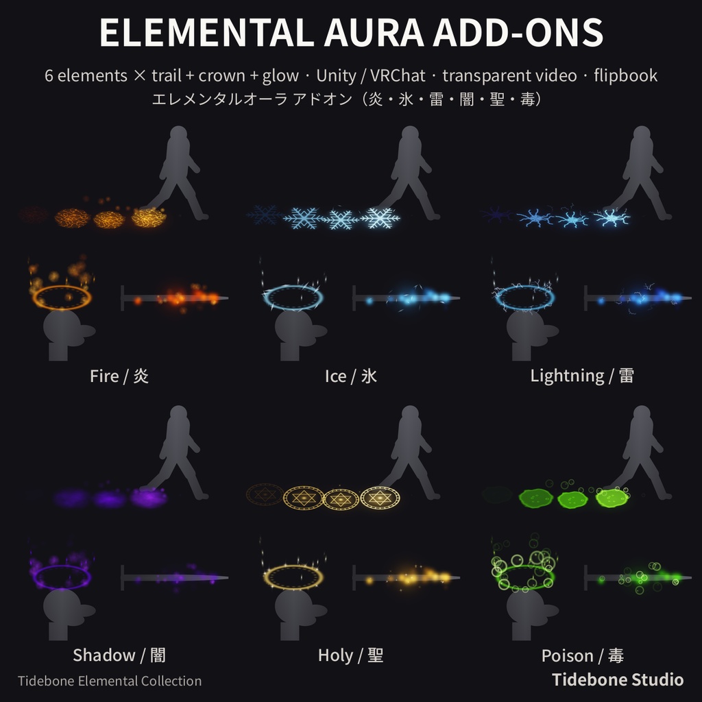 【VRChat想定】エレメンタルオーラ アドオン 足跡・頭上リング・武器の輝き 6属性 パーティクル 透過動画付き|Elemental Aura Add-Ons【Tidebone Studio】