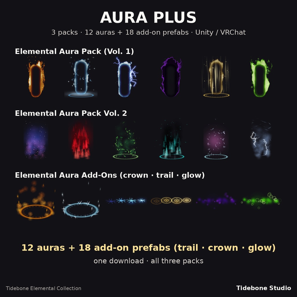 【VRChat】エレメンタル オーラ プラス（Aura Pack Vol.1 + Vol.2 + アドオン）| Tidebone Studio