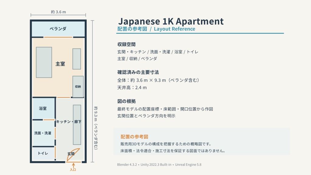日本の1K賃貸マンション室内 3Dアセット