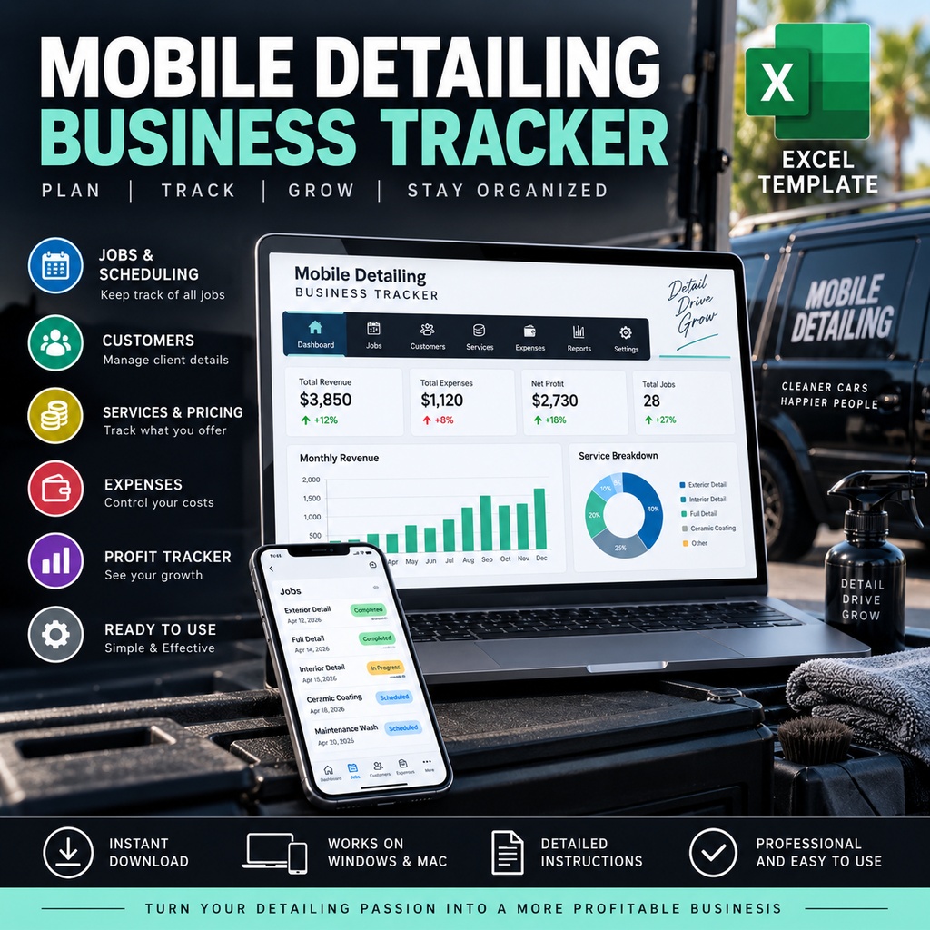 Mobile Detailing Business Tracker – Excel Spreadsheet for Jobs, Customers, Expenses & Profit