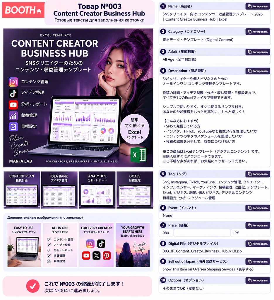 SNSクリエイター向け コンテンツ・収益管理テンプレート | Content Creator Business Hub | Excel
