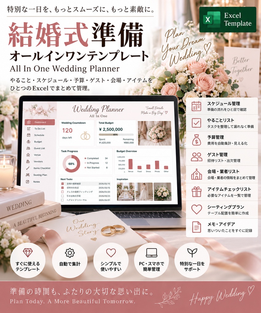 結婚式準備・予算・ゲスト管理テンプレート | All In One Wedding Planner | Excel
