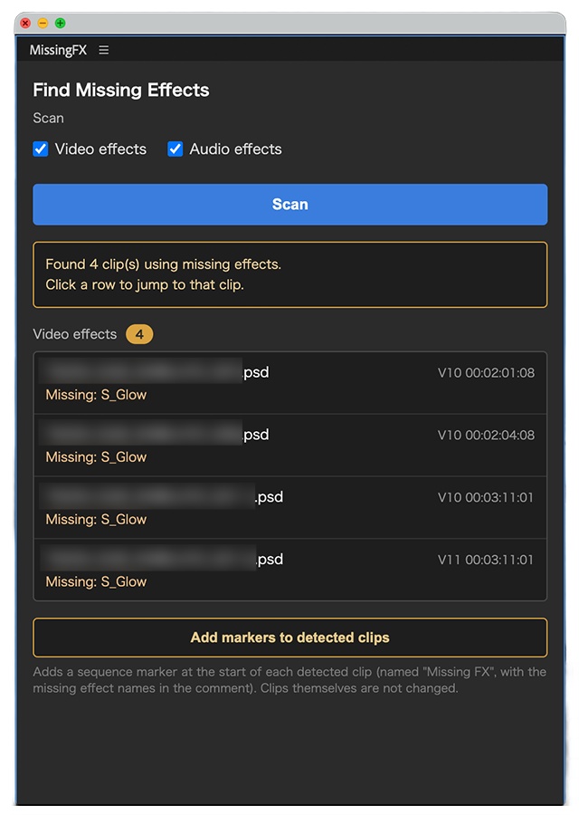 【Premiere Pro】不明なエフェクトを使っているクリップを一発で検出する拡張機能「MissingFX」