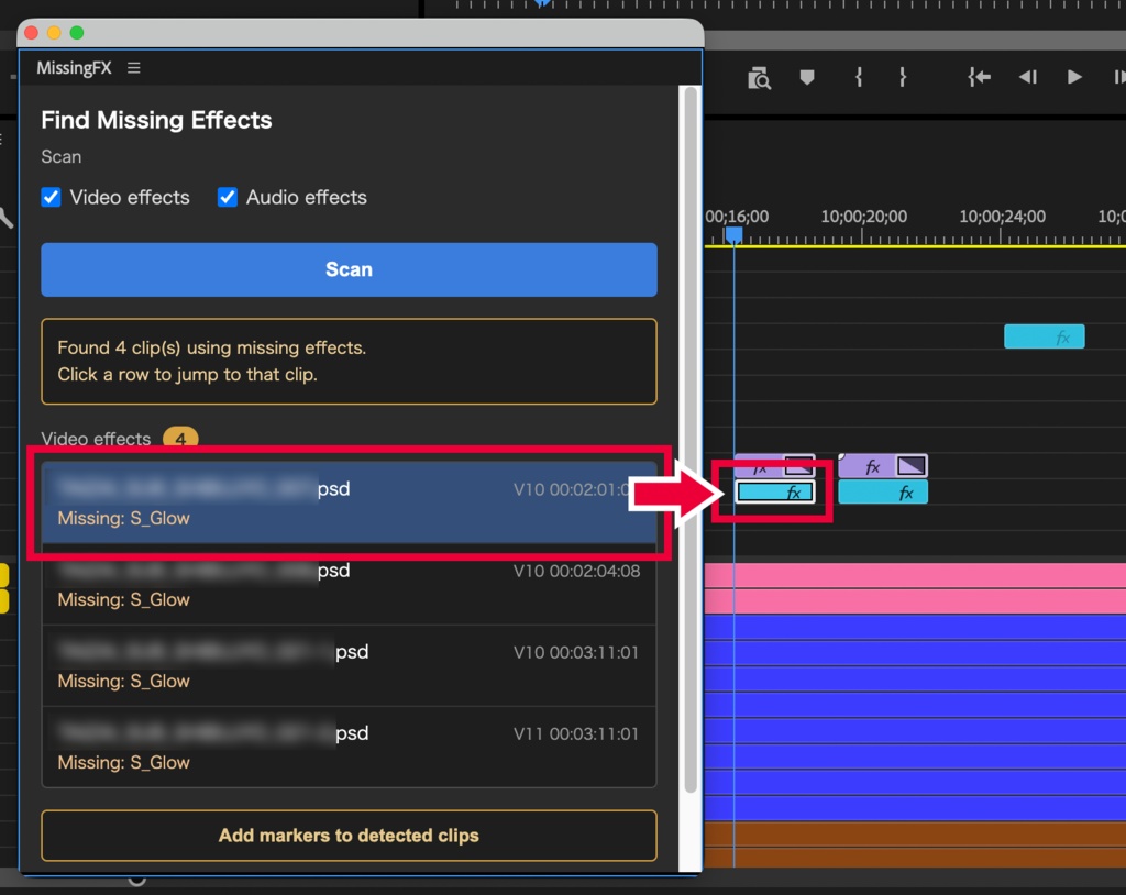 【Premiere Pro】不明なエフェクトを使っているクリップを一発で検出する拡張機能「MissingFX」