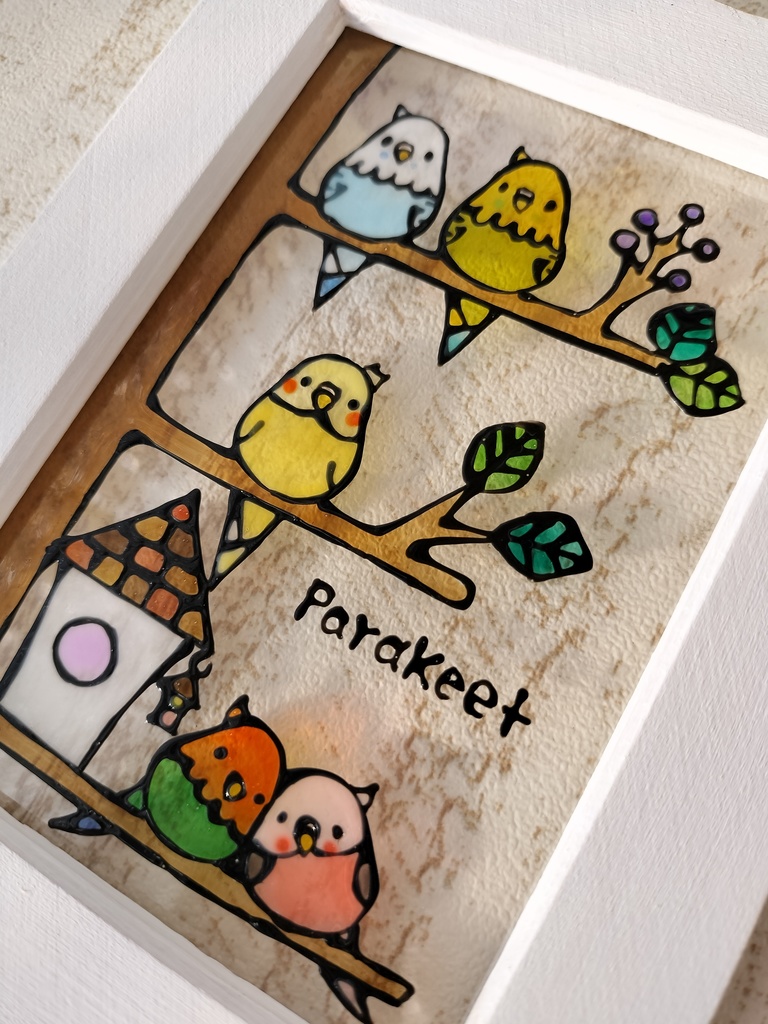 送料無料*ステンドグラス風フレーム*インコとおうち・ホワイトフレーム・ハンドメイド♪