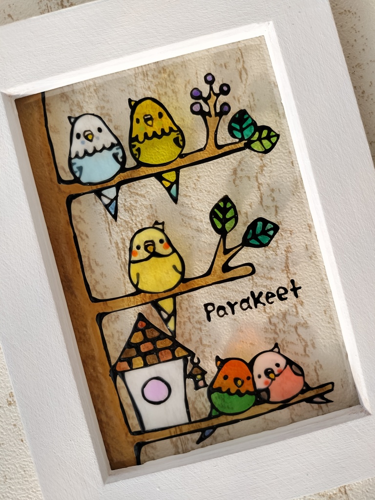 送料無料*ステンドグラス風フレーム*インコとおうち・ホワイトフレーム・ハンドメイド♪