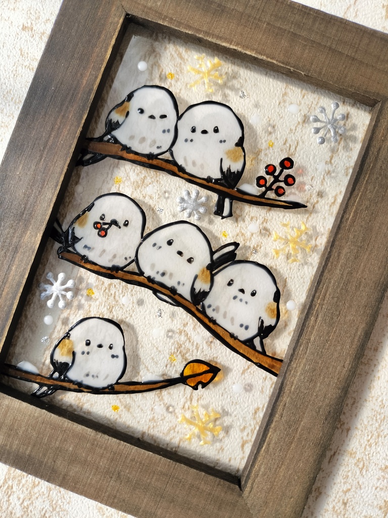 送料無料*ステンドグラス風フレーム*シマエナガ・冬・ハンドメイド♪