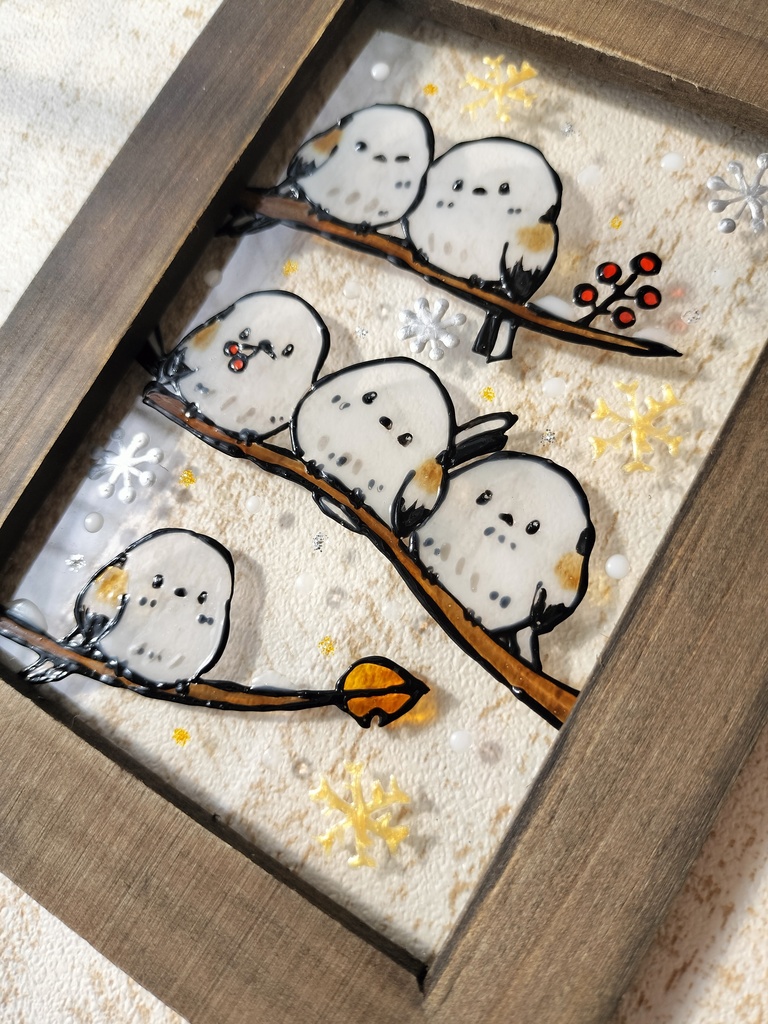 送料無料*ステンドグラス風フレーム*シマエナガ・冬・ハンドメイド♪