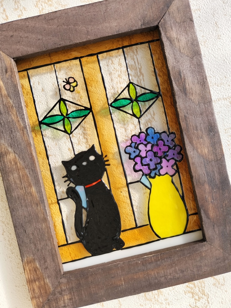 送料無料*ステンドグラス風フレーム*猫とステンドグラスの窓辺・ハンドメイド♪