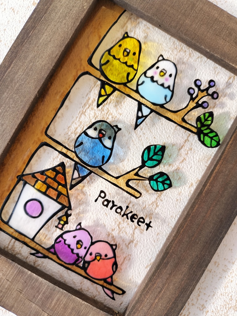 送料無料*ステンドグラス風フレーム*インコとおうち・ブラウンフレーム・ハンドメイド♪