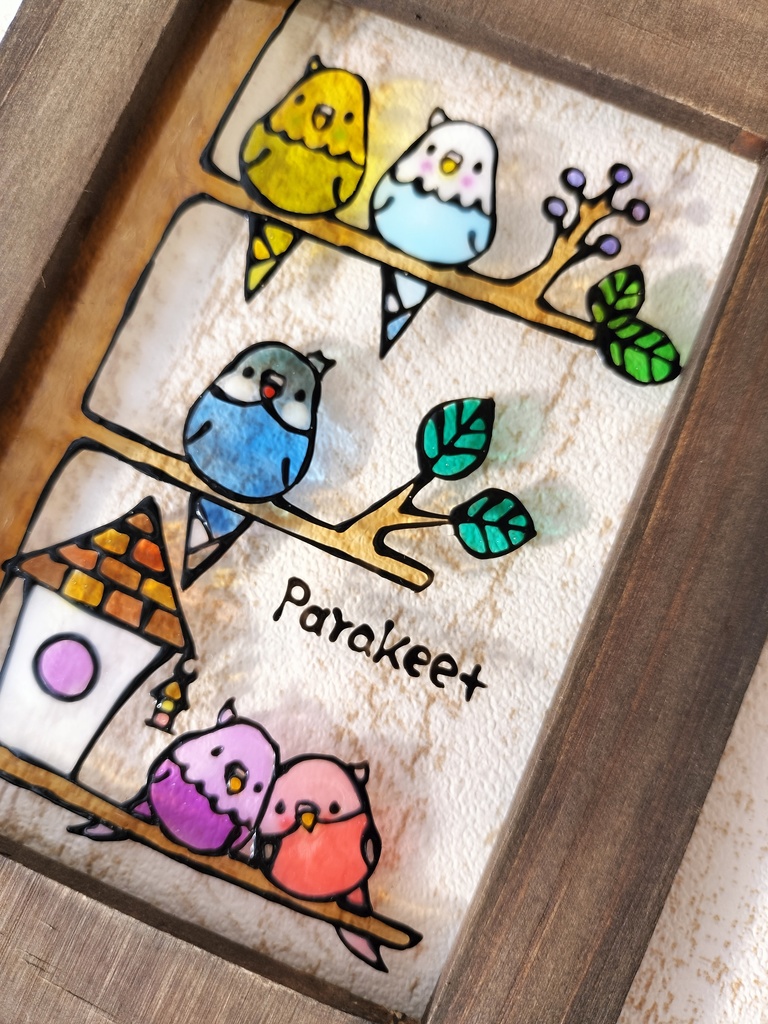 送料無料*ステンドグラス風フレーム*インコとおうち・ブラウンフレーム・ハンドメイド♪