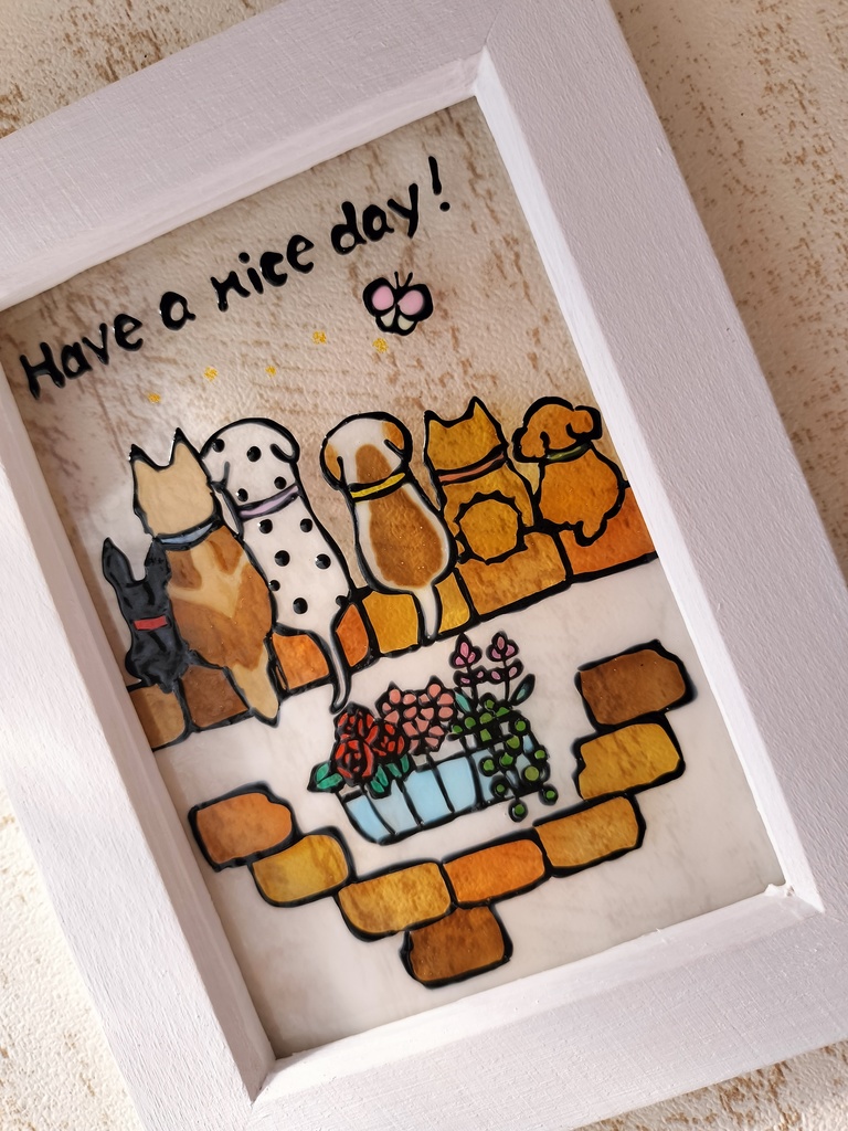 送料無料*ステンドグラス風フレーム*犬とレンガの壁・ハンドメイド♪