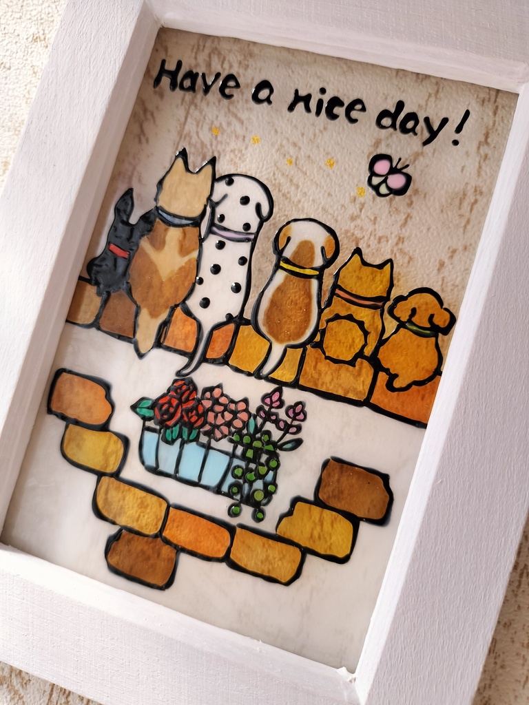 送料無料*ステンドグラス風フレーム*犬とレンガの壁・ハンドメイド♪
