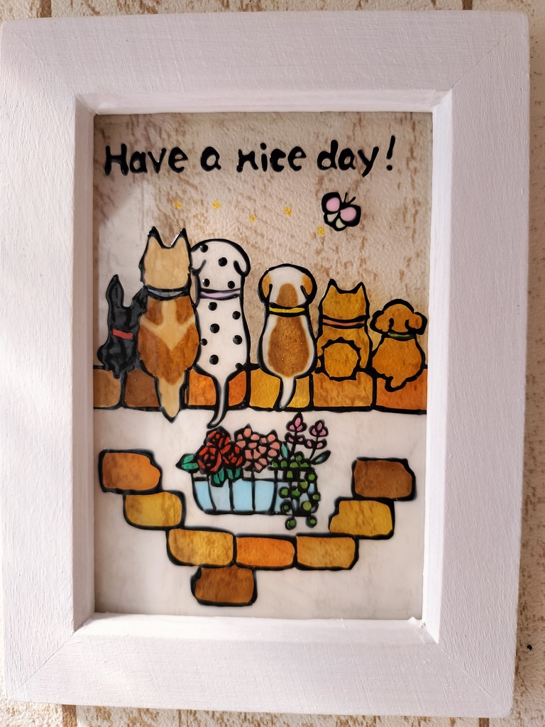 送料無料*ステンドグラス風フレーム*犬とレンガの壁・ハンドメイド♪