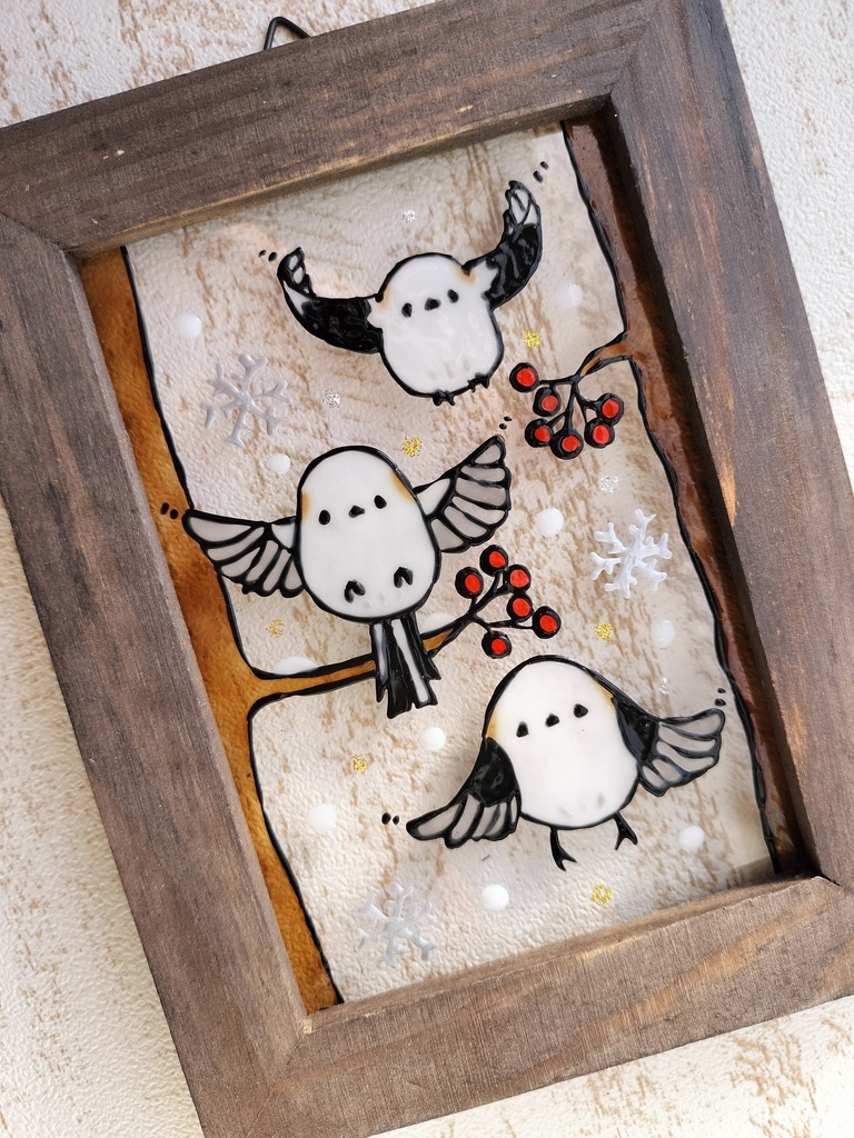 送料無料*ステンドグラス風フレーム*飛ぶシマエナガ・ハンドメイド♪