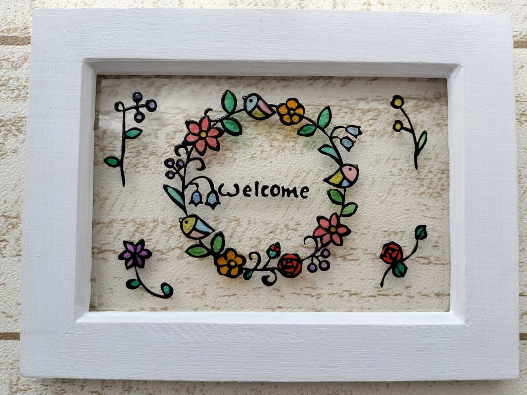 送料無料*ステンドグラス風フレーム*小鳥とお花のリースのwelcome・ハンドメイド♪