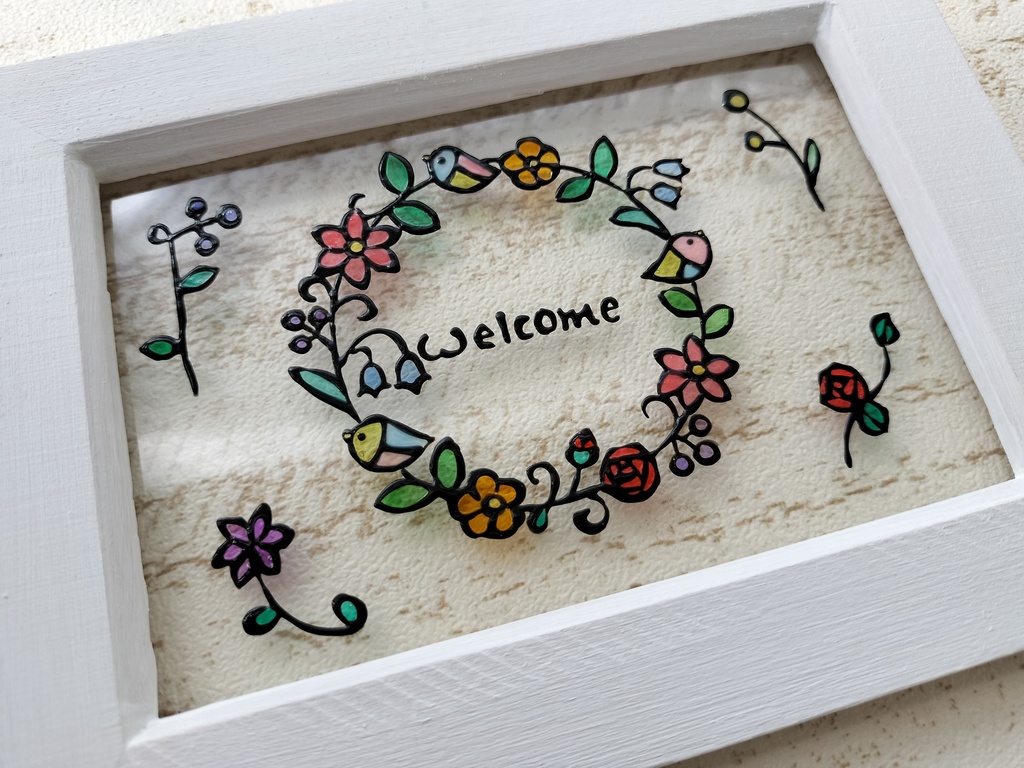 送料無料*ステンドグラス風フレーム*小鳥とお花のリースのwelcome・ハンドメイド♪