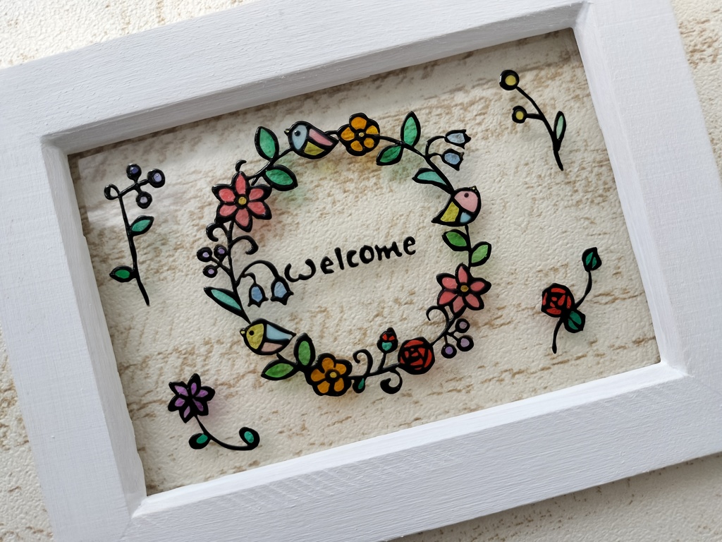 送料無料*ステンドグラス風フレーム*小鳥とお花のリースのwelcome・ハンドメイド♪