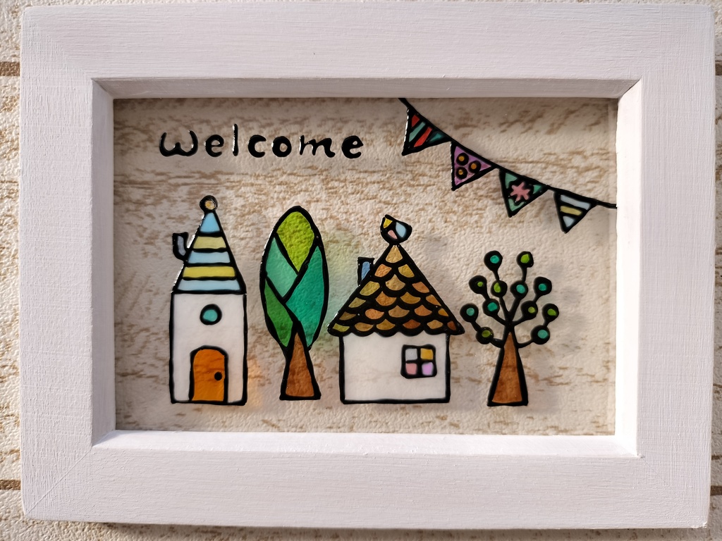 送料無料*ステンドグラス風フレーム*おうちとガーランドのwelcome・ハンドメイド♪