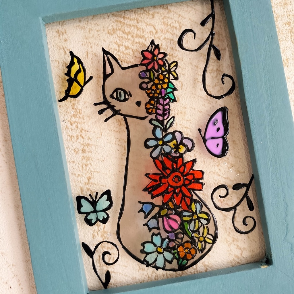 送料無料*ステンドグラス風フレーム*猫とお花・ハンドメイド♪