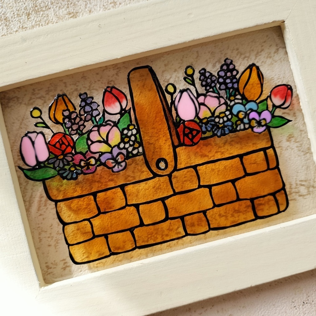 送料無料*ステンドグラス風フレーム*チューリップバスケット・ハンドメイド♪