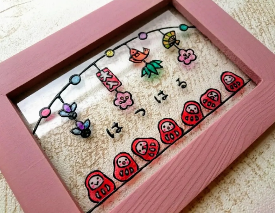 送料無料*ステンドグラス風フレーム*はつはる・だるま・お正月飾り・ハンドメイド♪