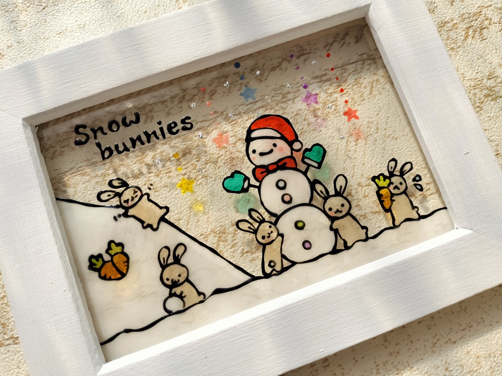 送料無料*ステンドグラス風フレーム*雪だるまとうさぎ・ハンドメイド♪