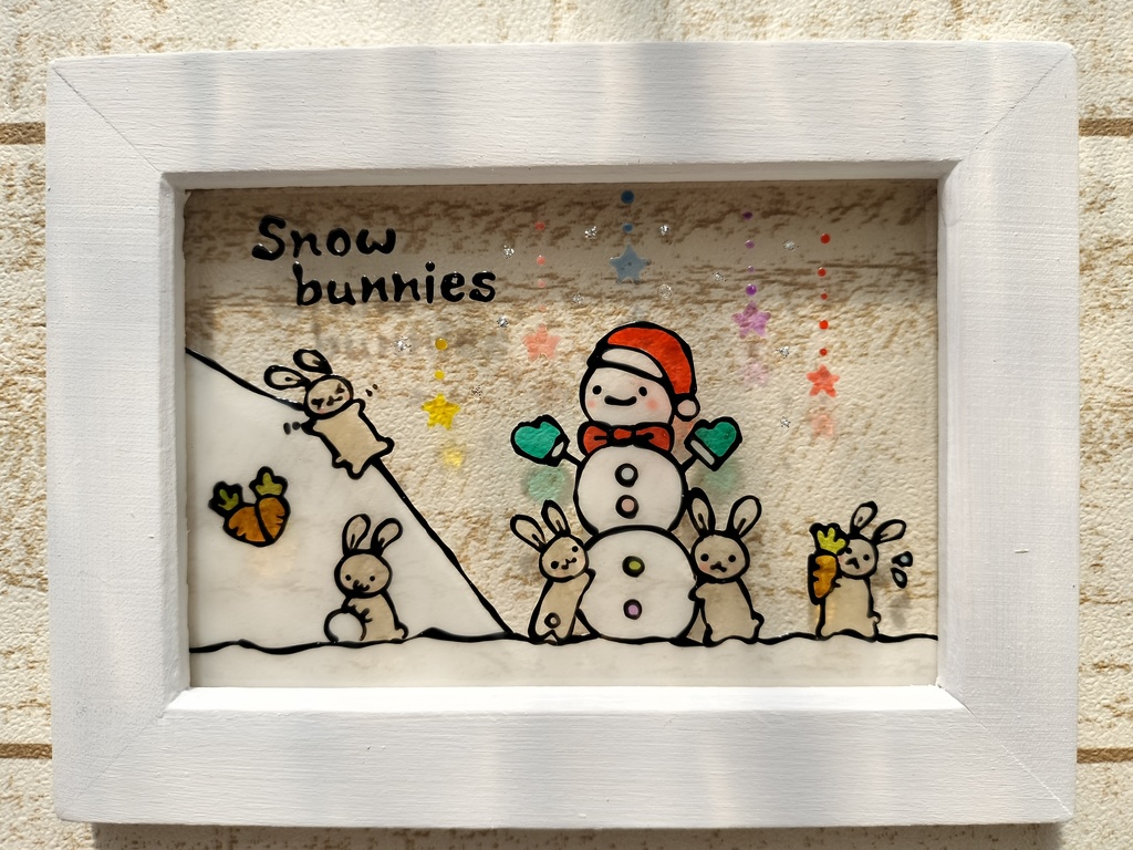 送料無料*ステンドグラス風フレーム*雪だるまとうさぎ・ハンドメイド♪