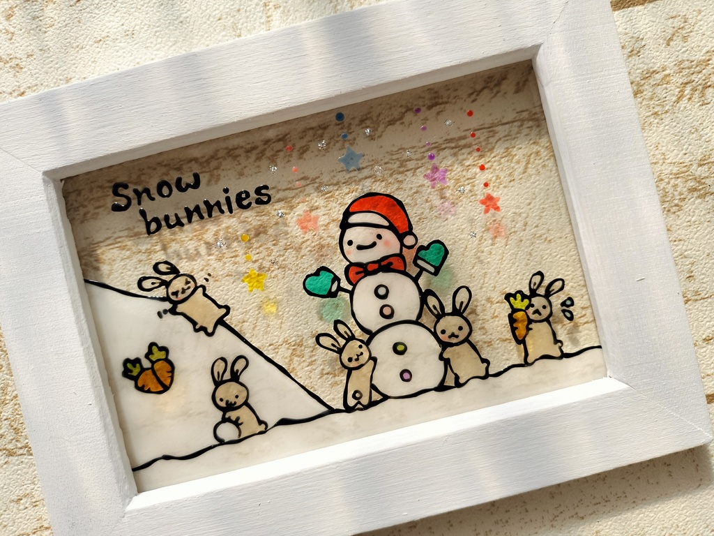 送料無料*ステンドグラス風フレーム*雪だるまとうさぎ・ハンドメイド♪