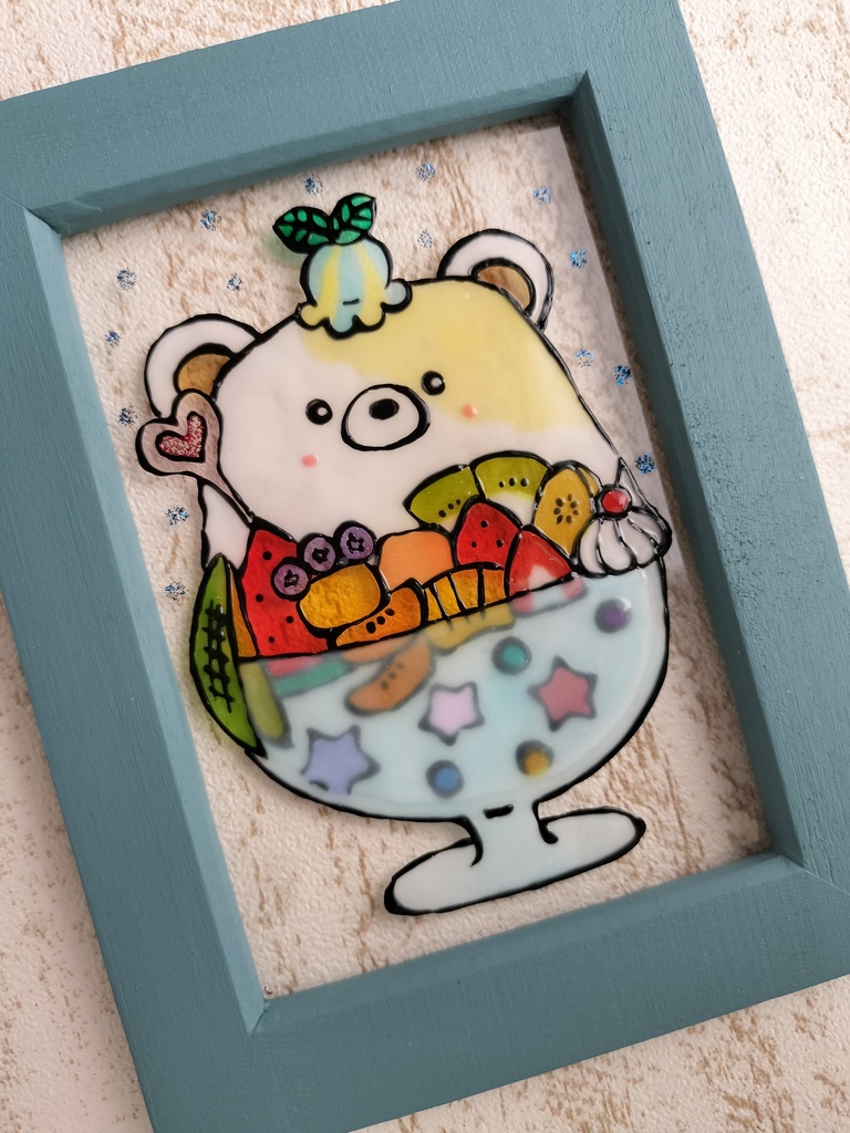 送料無料* ステンドグラス風フレーム*シロクマ君のかき氷・夏・イラスト・ハンドメイド♪