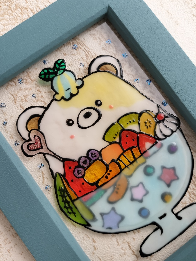 送料無料* ステンドグラス風フレーム*シロクマ君のかき氷・夏・イラスト・ハンドメイド♪